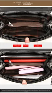 Internal structure of black quilted bag with zipper pockets for tablet and wallet