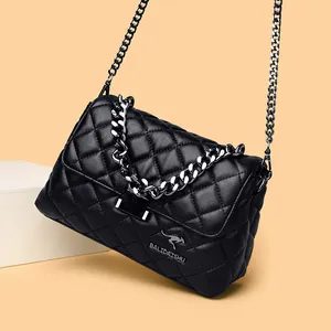 Quilted lambskin shoulder bag with silver chain strap and metal lock in black color