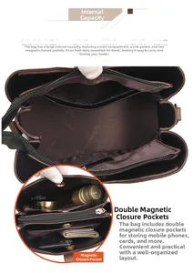 Detail of the multi-compartment interior layout with a central zip and magnetic pockets