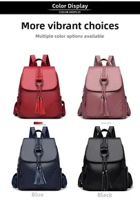 Detailed comparison of leather backpacks in wine red, taro purple, blue and black colors