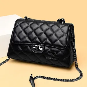 Elegant Rhomboid Quilted Sheepskin Shoulder Bag For Women Metal Chain Strap Crossbody Square Bag With Lock Daily Party Purse