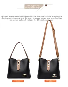 Detail of leather bucket bag showing dual strap options with gold kangaroo logo