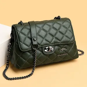 Dark green quilted leather chain bag with classic metal lock and kangaroo logo
