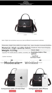 Detail specifications of black crocodile pattern tote bag with 21x18x12cm dimensions