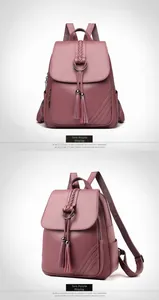 Detail view of taro purple leather backpack with woven lid, tassels and lychee texture