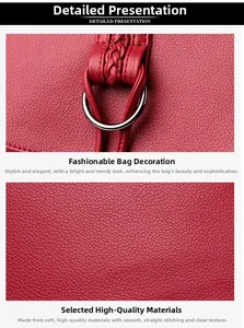 Detail of red pebbled leather backpack showing silver ring and woven strap accents