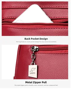 Detailed view of red pebble leather backpack featuring anti-theft zipper and logo hardware