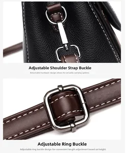 Detail of adjustable silver buckle and black lychee grain leather strap on shoulder bag