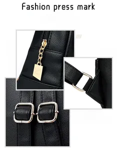 Détail d'un sac à dos noir en cuir grainé avec fermetures éclair dorées et breloque métal