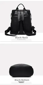 Detailed view of black lychee grain leather backpack back and bottom with silver hardware