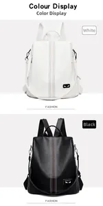 Detail showing white and black lychee leather backpacks with dual eye hardware accents