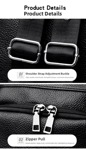 Detail of adjustable metal buckle and smooth zipper on black lychee grain leather bag