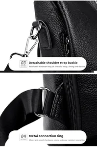Detail of silver metal hooks and reinforced stitching on black lychee leather backpack
