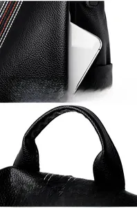 Detail of side anti-theft zipper pocket on black litchi leather backpack with red stitching