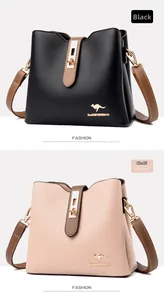 Detailed comparison of black and khaki leather bucket bags with gold kangaroo buckle