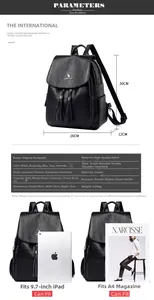 Detail view of black faux leather backpack showing dimensions and large storage capacity