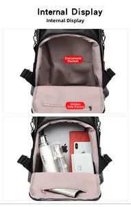 Internal view of litchi leather backpack showing main storage and internal pockets