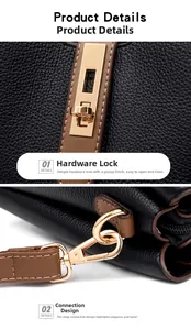 Detailed macro view of golden metal twist-lock and lobster clasp on lychee leather bucket bag