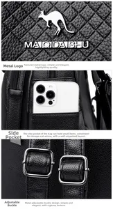 Détails du sac à dos noir en similicuir avec texture matelassée et poche latérale pour mobile