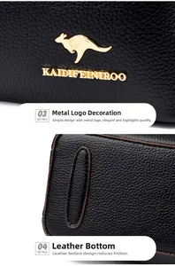 Close-up of golden kangaroo logo and premium lychee pattern leather texture on black bag