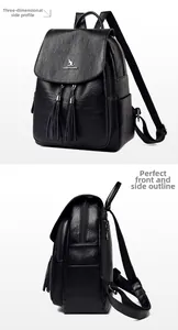 Close-up of black PU leather backpack featuring kangaroo metal logo and fringe details