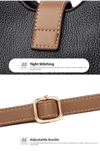 Detail of high-density stitching on lychee leather and gold adjustable buckle