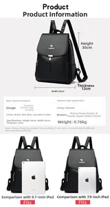 Guide des dimensions détaillé pour sac à dos en cuir noir avec logo kangourou et specs