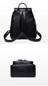 Detail view of black pebble leather backpack featuring back anti-theft zipper and bottom logo