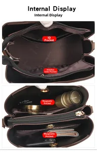 Detailed interior of leather bucket bag showing compartments and functional pockets