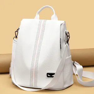 White litchi pattern backpack with red-black stripes and eye-shaped design logo