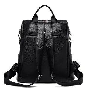 Black lychee pattern leather backpack with anti-theft design and adjustable silver straps