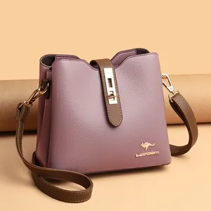 Women Genuine Leather Bucket Bag Textured Cowhide Contrast Color Shoulder Bag With Kangaroo Logo And Golden Lock Fashion Handbag
