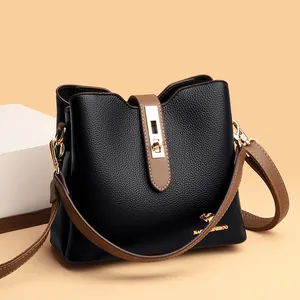 Contrast leather kangaroo bucket bag with gold lock and litchi texture for women