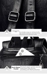 Detail of black pebbled leather backpack showing adjustable straps and anti-theft zipper