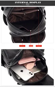 Internal layout of large leather backpack showing multi-pocket storage for essentials