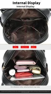 Vue intérieure du sac à dos en cuir noir montrant le compartiment principal et les poches