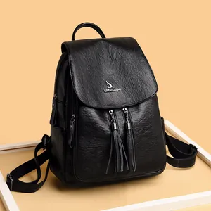 Women Fashion Lychee Texture Leather Backpack With Tassel Metal Logo Large Capacity Casual Schoolbag Travel Rucksack Bag