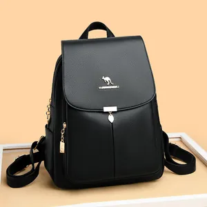 Sac à Dos en Cuir pour Femmes Grain de Litchi Logo Kangourou Grande Capacité Sac d'École Voyage Pendentif Coeur Feuille