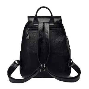 Black PU leather backpack for women with anti-theft back pocket and adjustable straps
