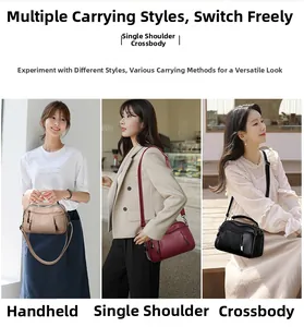 Detailed view of women's soft leather Boston bag in beige, burgundy, and black finishes