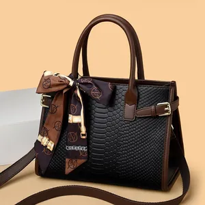 Bolso de Mano de Cuero Genuino para Mujer con Relieve de Serpiente Bloque de Color Satchel de Viaje con Pañuelo de Satén Decorativo Correa Ajustable