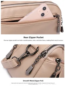 Detail of the back zipper pocket and smooth hardware zipper on the lychee pattern leather bag