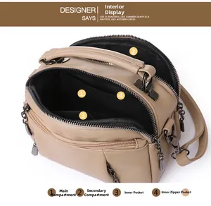 Detail view of the beige Boston bag showing four internal compartments and zippers