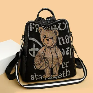 Trendy Rhinestone Teddy Bear Leather Backpack For Women Fashion Embroidery Letter Multi-Functional Bag Travel Daypack