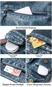 Detail view of denim texture moto bucket bag with multiple functional storage compartments