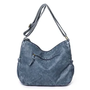 Vintage rivet denim blue shoulder bag with multi-pockets and adjustable strap