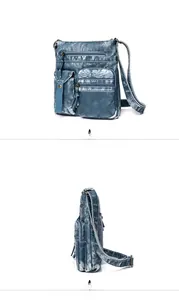 Detail view showing multi-pocket structure and washed blue leather texture of the bucket bag