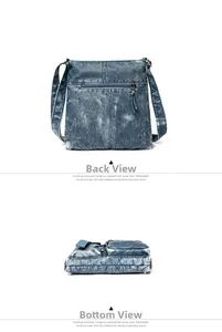 Detail shots showing the back zipper pocket and wide rectangular base of denim biker bag