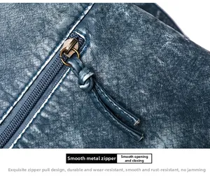 Detail of vintage blue leather bucket bag with durable bronze metal zipper and texture