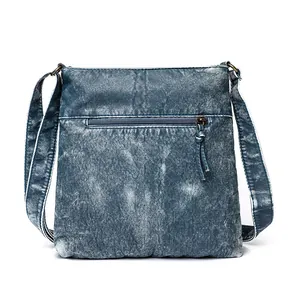 Vintage wash blue denim style leather crossbody bucket bag with zipper pocket and wide strap